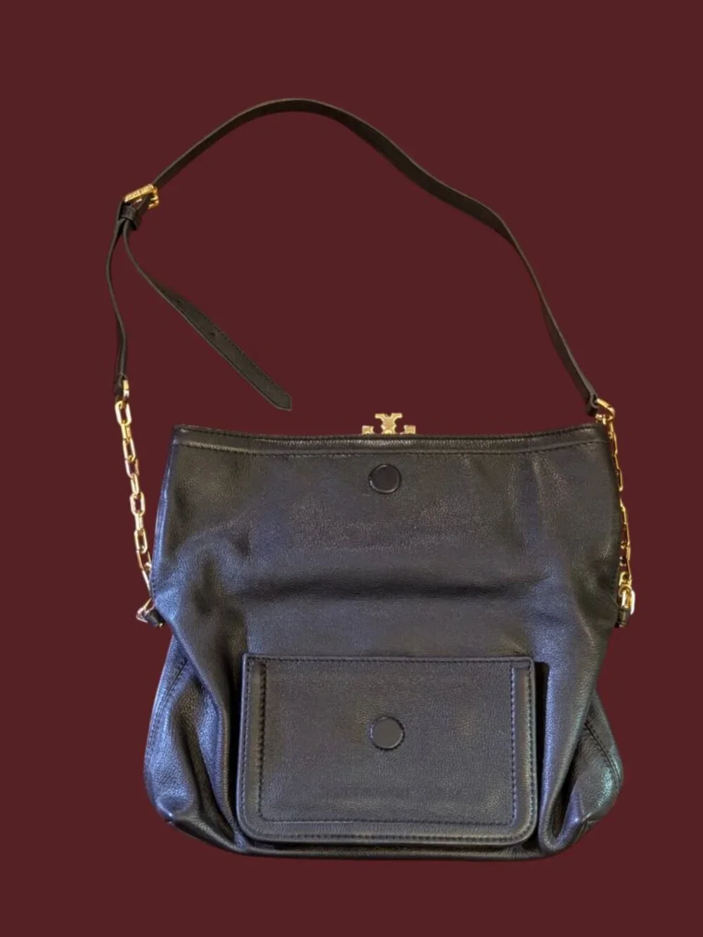Tory Burch Sammy Dark Navy Gold Tone Hardware Pebbled Leather Magnetic Purse